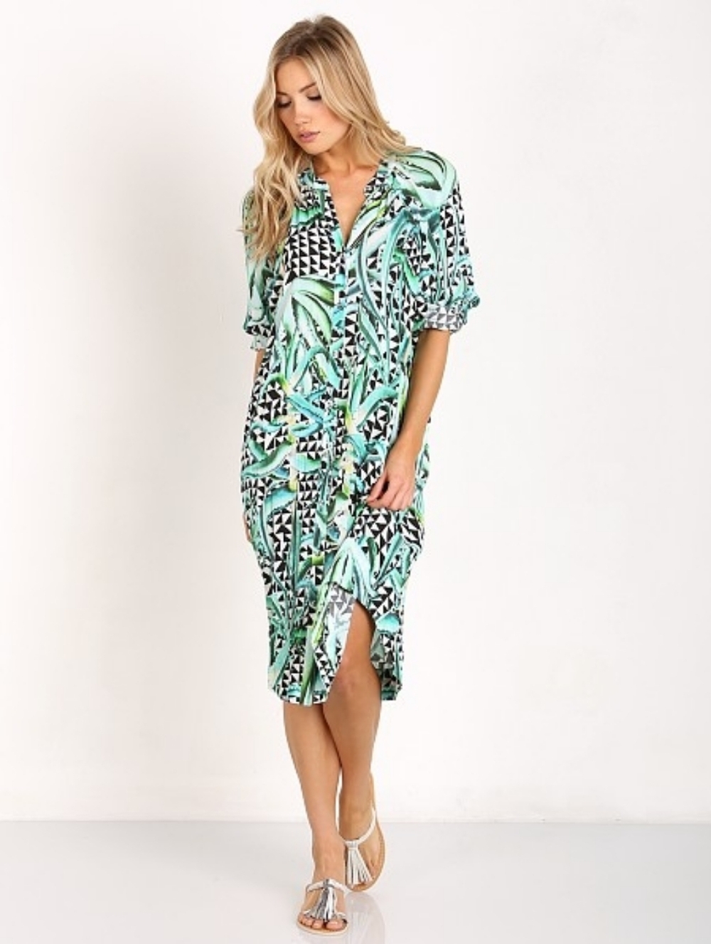 Mara Hoffman Aloe Print Oversized Shirt Dress Green Rayon Button Front Midi M